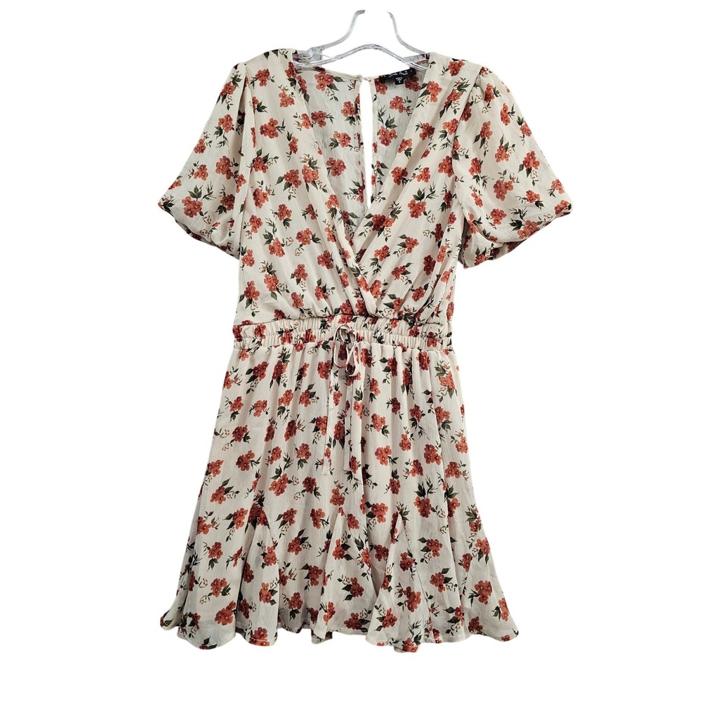 Trixxi Floral Romper Women Size S Cream Orange V-Neck‎ Flutter Sleeve Mini Dress